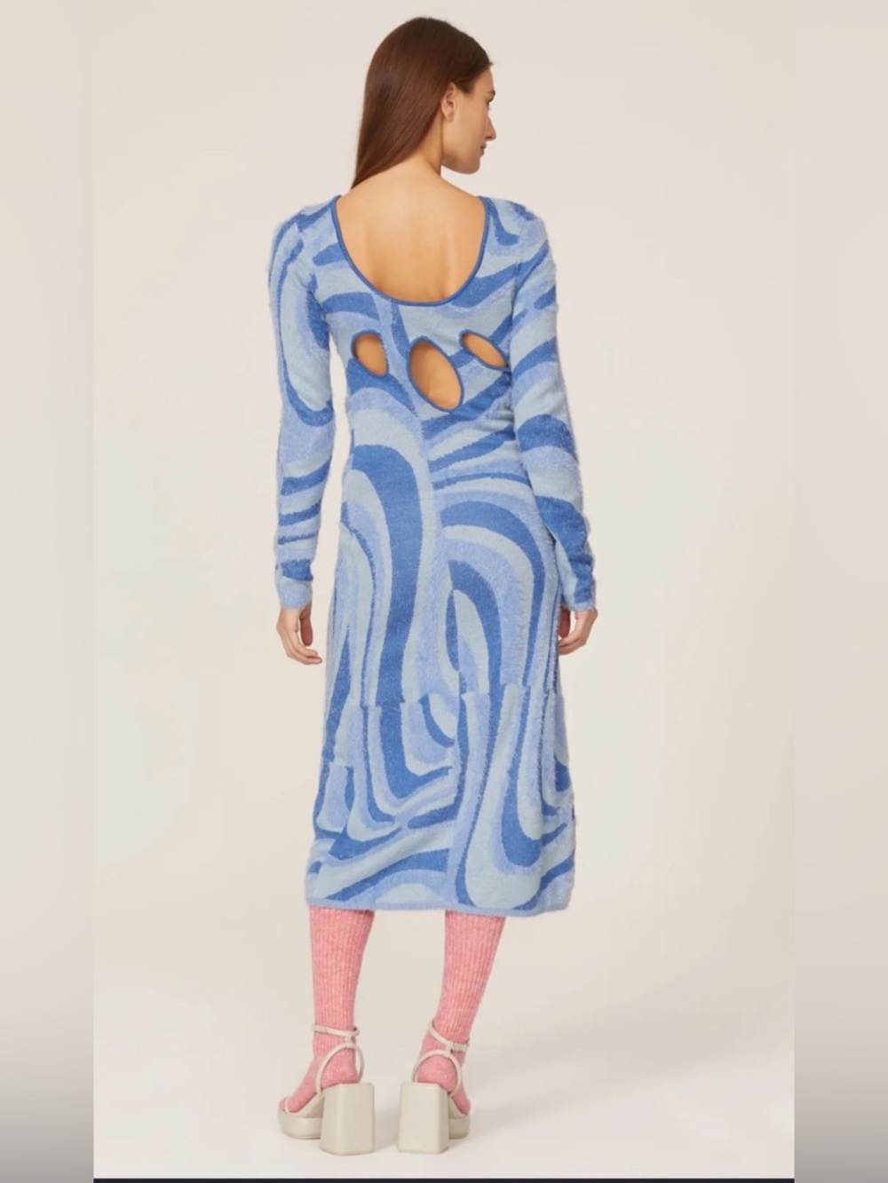 House of Sunny Blue Moon Patterned Cutout Back Long Sleeve midi Dress NEW NWT 6